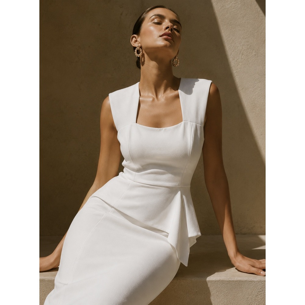 Sleeveless White Peplum Midi Dress - Elegant Women's Dress